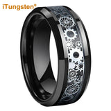8mm Gear Ring Tungsten Wedding Band with Carbon Fiber Inlay