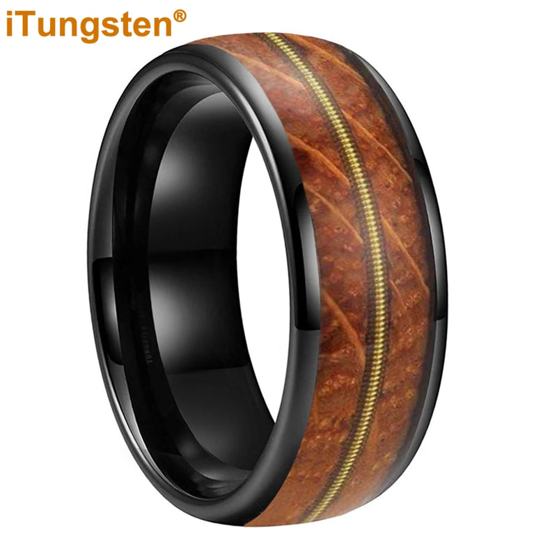 8mm Guitar Ring Tungsten Wedding Band Whisky Barrel Wood Inlay