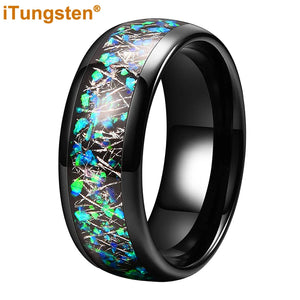 Tungsten 8mm Meteorite Opal Inlay Wedding Band Ring