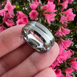 8mm Tungsten Carbide Wedding Band Center Grooved Beveled Edges
