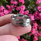 8mm Tungsten Carbide Wedding Band Center Grooved Beveled Edges