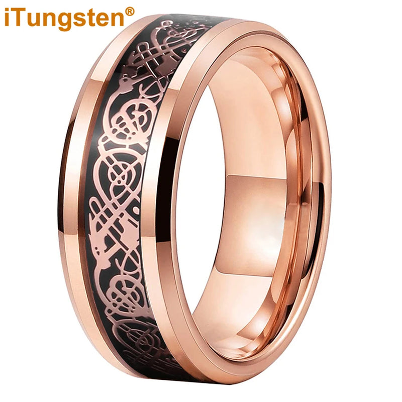 iTungsten 8mm Tungsten Dragon Ring Carbon Fiber Inlay Beveled Comfort Fit