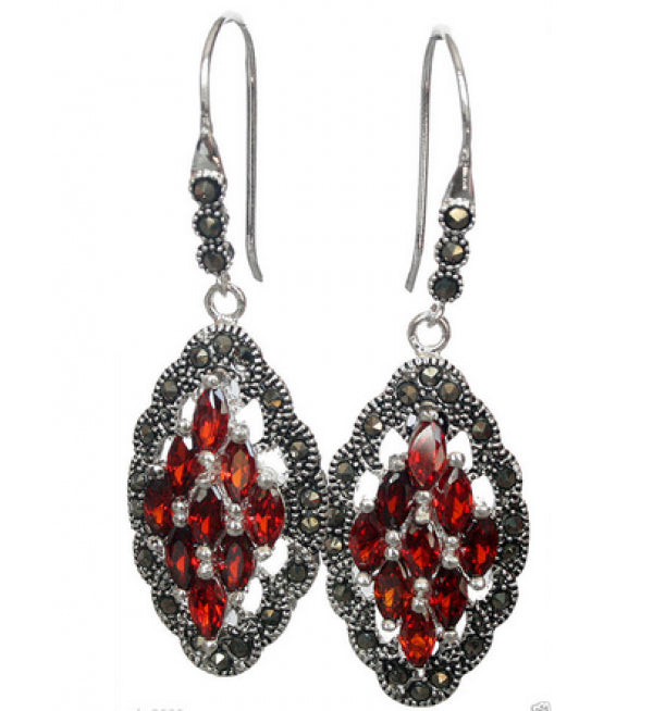 Red Crystal Marcasite Silver Earrings