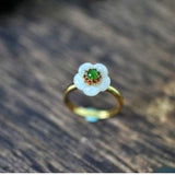 Silver Inlaid Natural Hotan Jade Flower Ring Chinese Court Charm Women's Jewelry