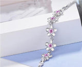 Silver Cherry Blossoms Chain Link Bracelet with CZ Crystal - Mother's Gift
