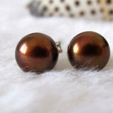 8-10mm Brown Shell Pearl Silver Stud Earrings
