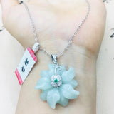 Burmese Ajadeite Sun Flower Pendant Necklace 925 Sterling Silver Lady Jade Chain