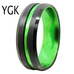 Beveled Tungsten Wedding Band Ring with Green Anodized Aluminum