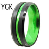Beveled Tungsten Wedding Band Ring with Green Anodized Aluminum