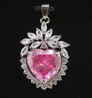Pink CZ Heart Crystal Flower Pendant Chain Necklace