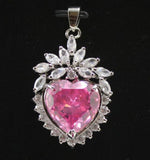Pink CZ Heart Crystal Flower Pendant Chain Necklace