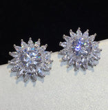 CZ Crystal Flower Stud Earrings 925 Silver for Women