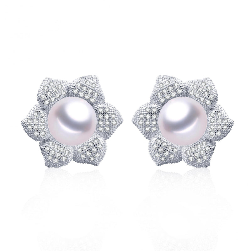 Natural Pearl Flower Stud Earrings Silver 925 Zircon Wedding Jewelry