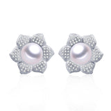Natural Pearl Flower Stud Earrings Silver 925 Zircon Wedding Jewelry