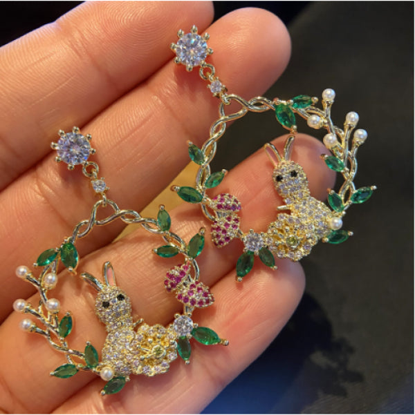 Enamel Flower Rabbit Earrings Zircon Stud 18K