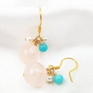 Rose Quartz Pearl Amazonite 925 Silver Earrings