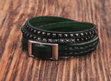Green Double Wrap Leather Wristbands Bracelet Cuff Mens