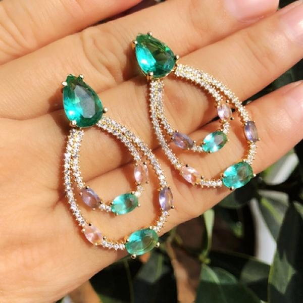 Colorful Crystal Water Drop Dangle Earrings with Zirconia Stones