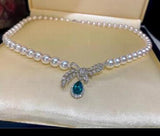 925 Silver Akoya Pearl Necklace Green Zircon Pendant Jewelry