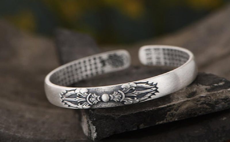 999 Silver Bangle Good Luck Bracelet Tibetan Six Words Cuff Bracelet