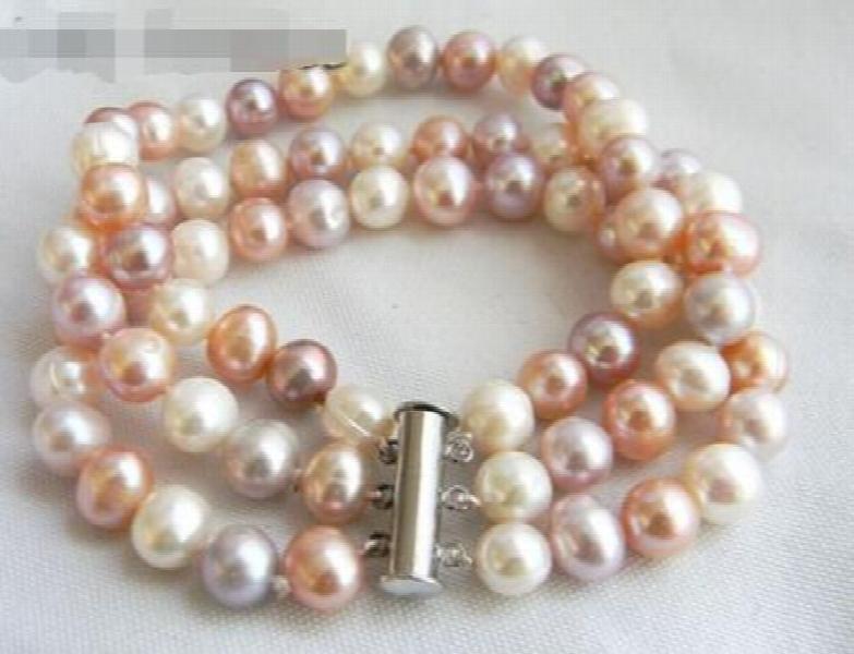 Lavender Pink Freshwater Pearl Bracelet 3Strands 8'' 9mm
