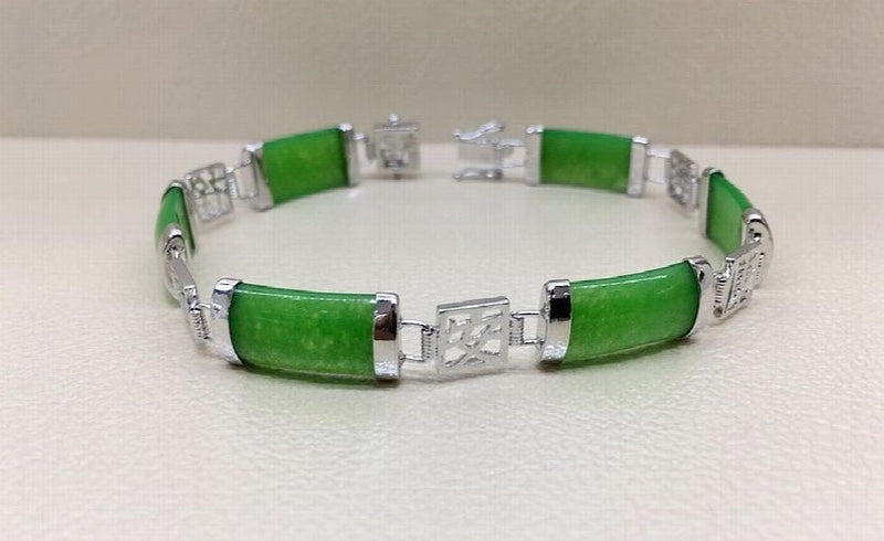 Green Jade Chinese Character Silver Bracelet Mother Gift