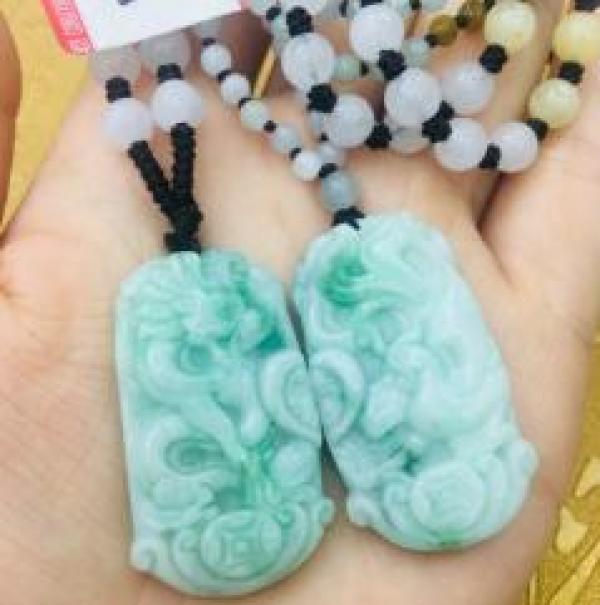Green Jade Dragon & Phoenix Pair Pendant with Necklace