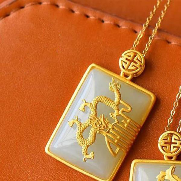 Natural Hetian Jade Dragon Phoenix Square Pendant Retro Chinese Silver Jewelry