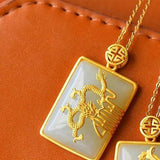 Natural Hetian Jade Dragon Phoenix Square Pendant Retro Chinese Silver Jewelry