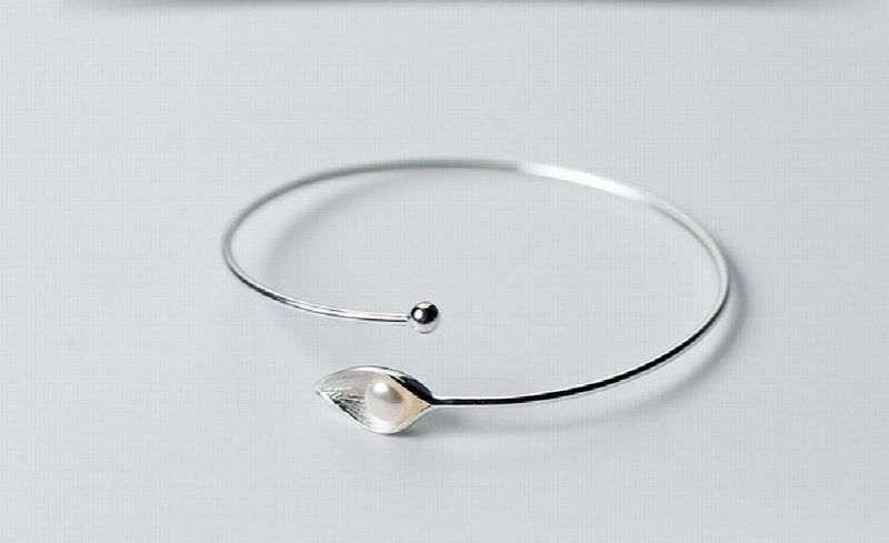 925 Silver Ginkgo Leaf Pearl Bangle Bracelet