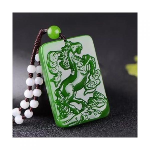 Natural Green Jade Horse Pendant Necklace Hand-Carved Amulet