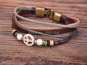 Bronze Surfer Hemp Leather Stone Beads Bangle Bracelet Mens