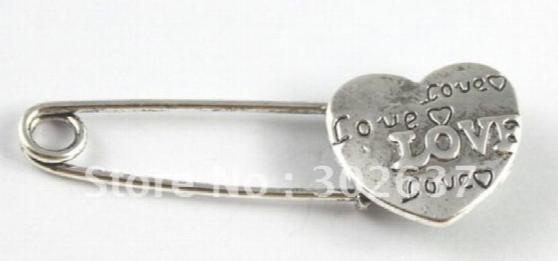 10PCS Tibetan Silver Heart Safety Pin Brooch