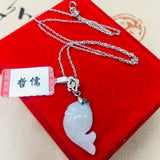 Burmese Ajadeite Fish Pendant w/ 925 Silver Necklace