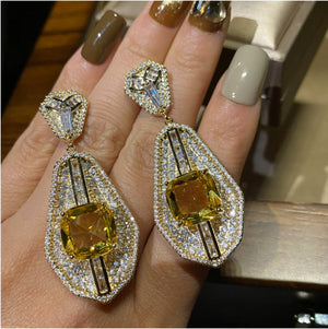 Yellow Diamond Wheat Earrings Square Crystal