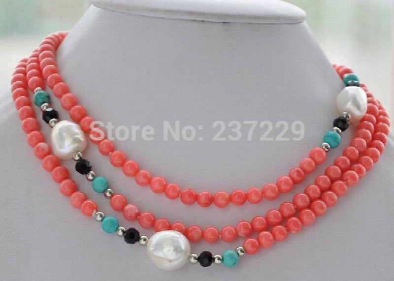 Pink Coral Stone Baroque Pearl Necklace 50in