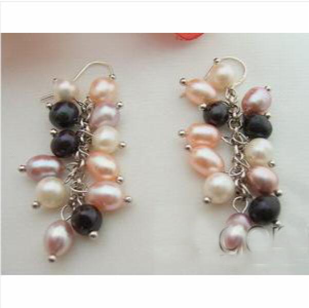 Purple Pink Real Pearls Dangle Earrings S925 Sterling Silver Hook