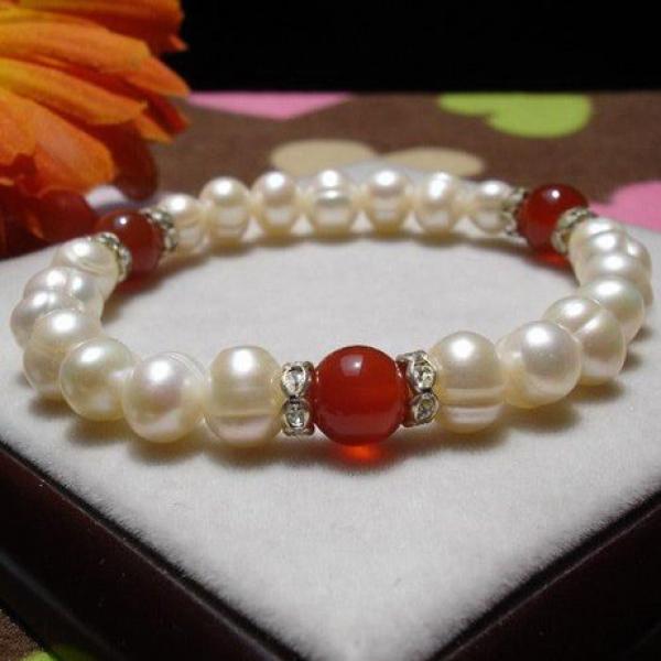 8-9mm Freshwater Pearl Bracelet Red Agate Rhinestone Beads Bangle
