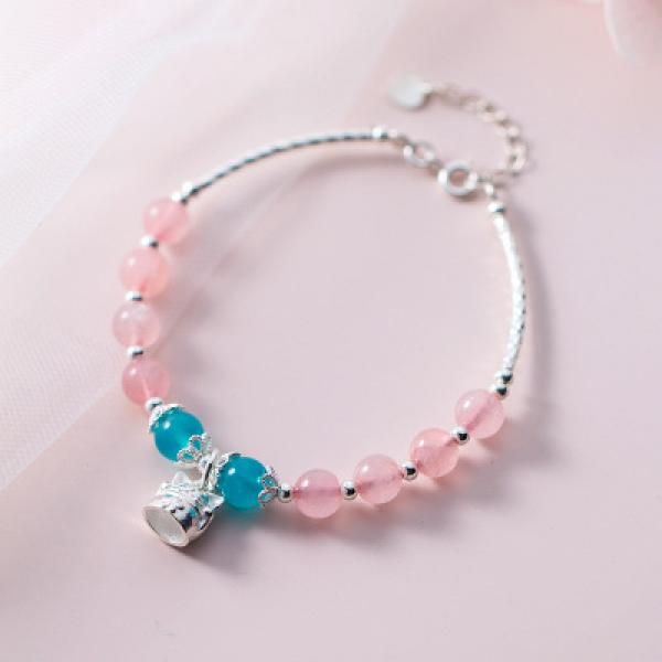 S925 Sterling Silver Pink Strawberry Quartz Crystal Cat Pendant Bracelet