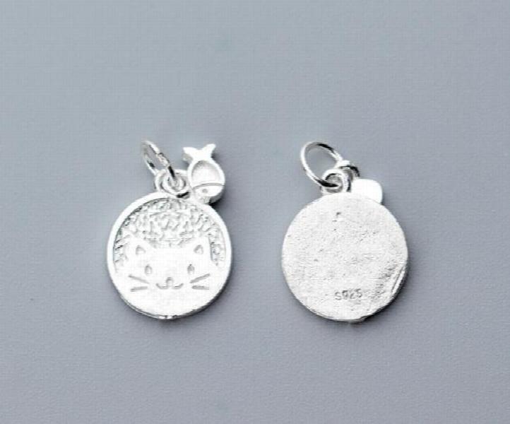 925 Sterling Silver Round Kitty Tag Charms 13mm Bracelet Pendant DIY Jewelry