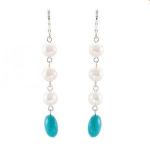8mm Pearl & Turquoise Drop Earrings S925 Silver Hook Lady Gift