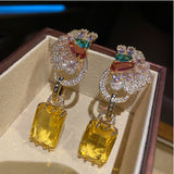 Long Yellow Crystal Butterfly Earrings Silver Needle