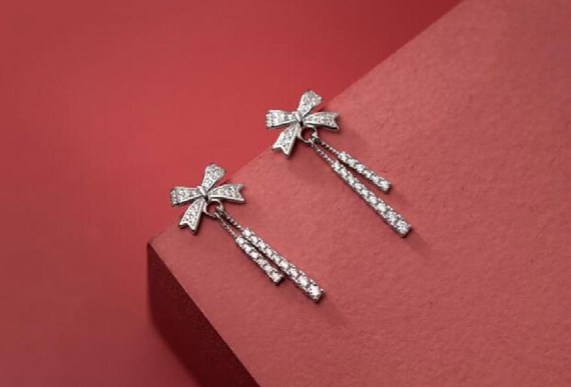 925 Silver CZ Bowknot & Straight Bar Threader Earrings
