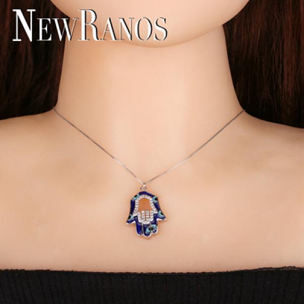 925 Silver Hamsa Necklace Dark Enamel Charm Zirconias Colar