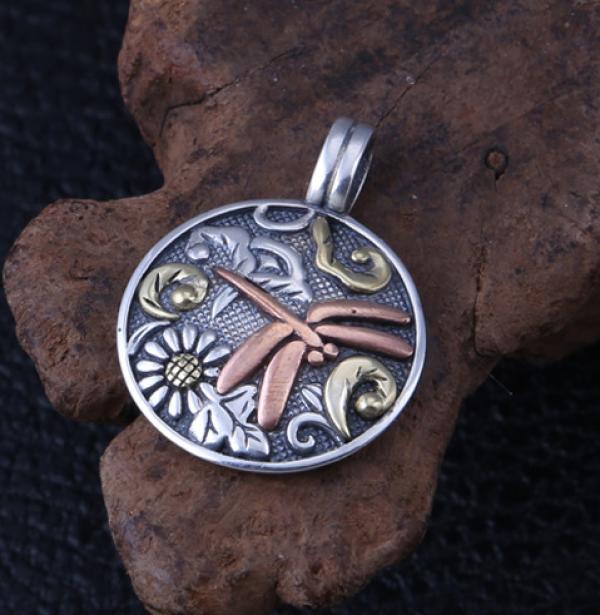 925 Silver Round Pendant Dragonfly Taoti Flower