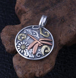 925 Silver Round Pendant Dragonfly Taoti Flower