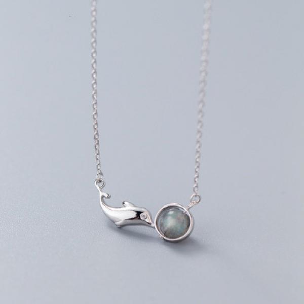 925 Silver Dolphin Moonstone Pendant Necklace for Women