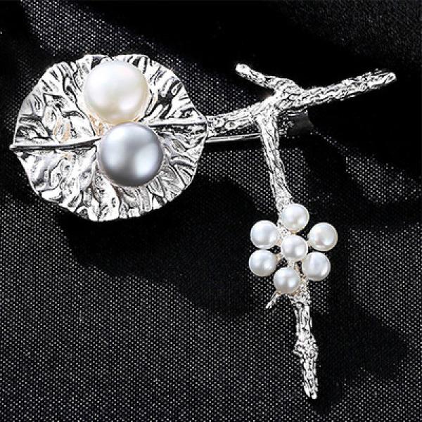 925 Sterling Silver Pearl Flower Brooch Wedding Leaf Collar Brooch