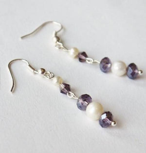 Lavender Crystal Bead Freshwater Pearl Silver Dangle Earrings