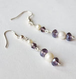 Lavender Crystal Bead Freshwater Pearl Silver Dangle Earrings